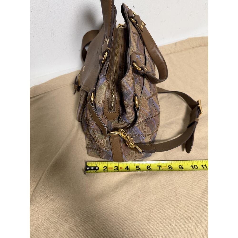Aimee Satchel Bag Womens Medium Brown Leather Tweed Plaid Top Handle Crossbody - Picture 13 of 14